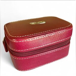 Fossil Red Leather Jewelry Box with zip around closure ring necklace and earring